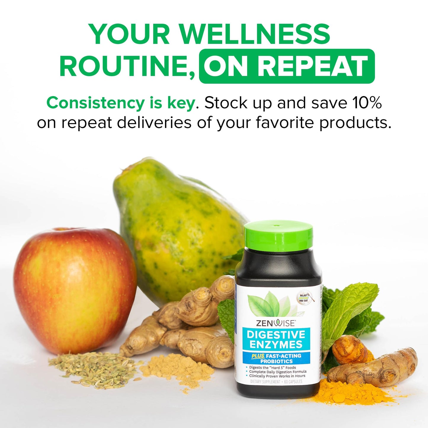 Zenwise Health anti bloating supplement container display showing authentic USA imported security markers