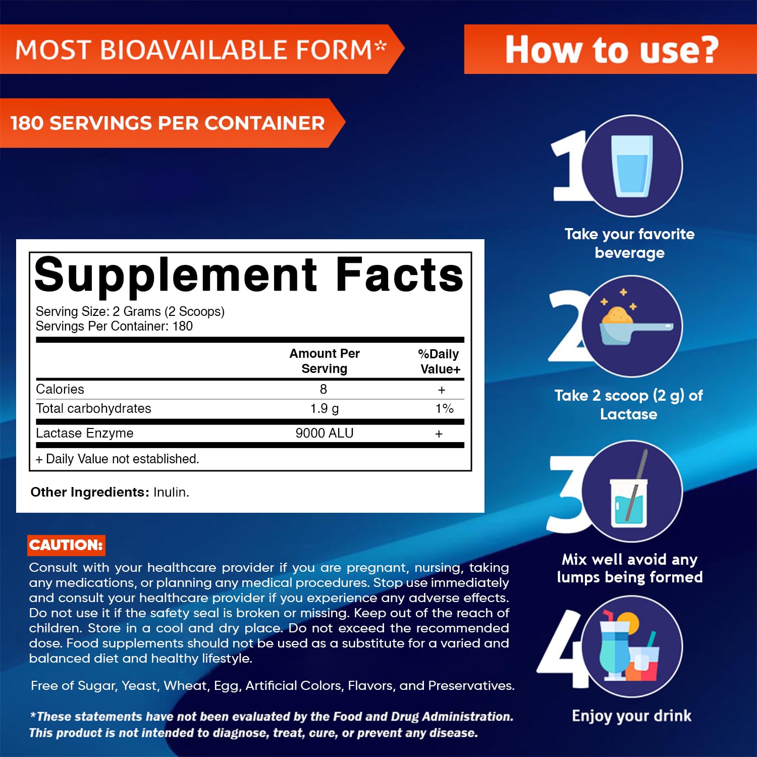 Vitamatic Lactase Enzyme Powder side panel listing ingredients including lactase and prebiotic inulin.