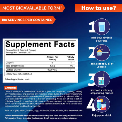 Vitamatic Lactase Enzyme Powder side panel listing ingredients including lactase and prebiotic inulin.
