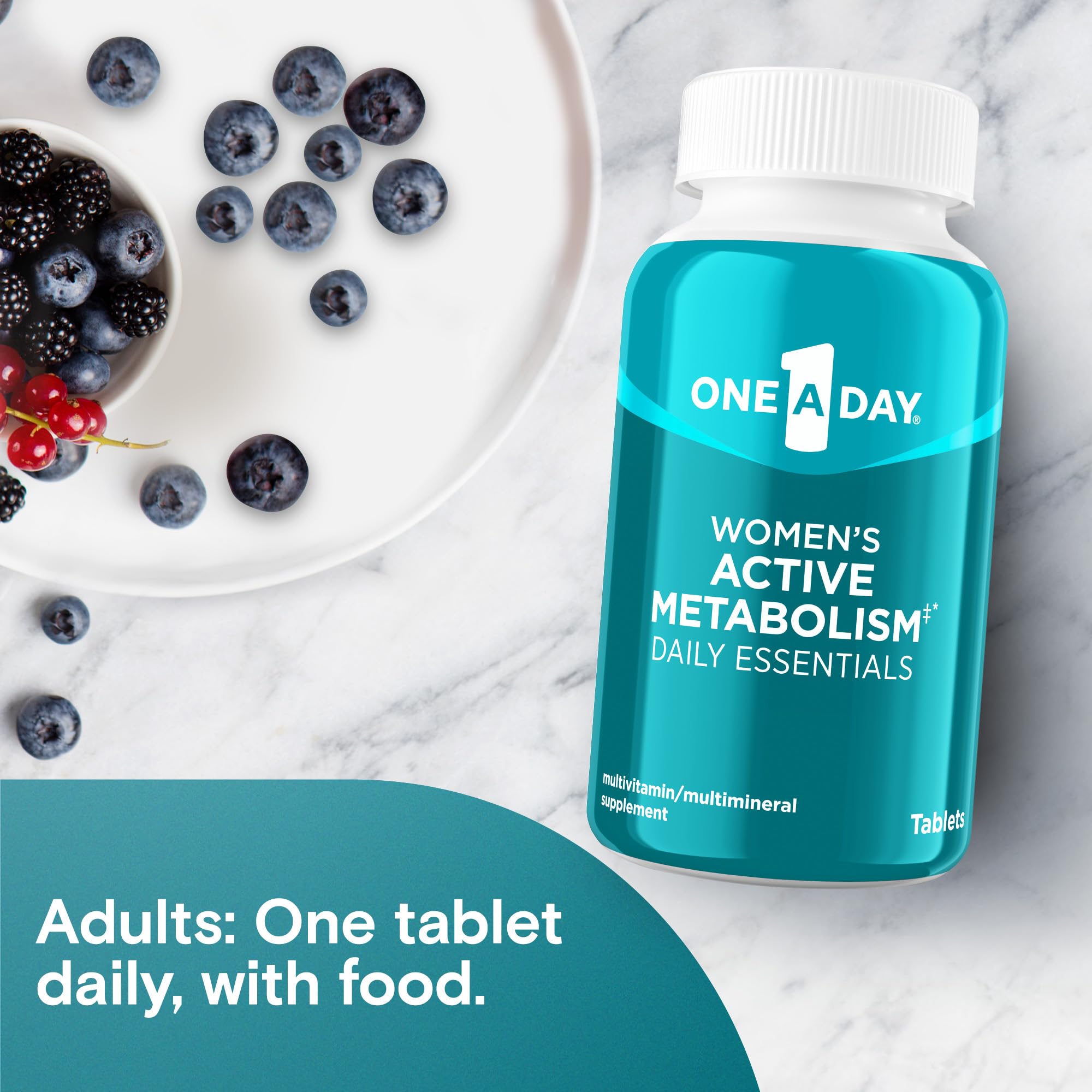 Top view of the secure safety seal and cap on the One A Day active metabolism multivitamin container.