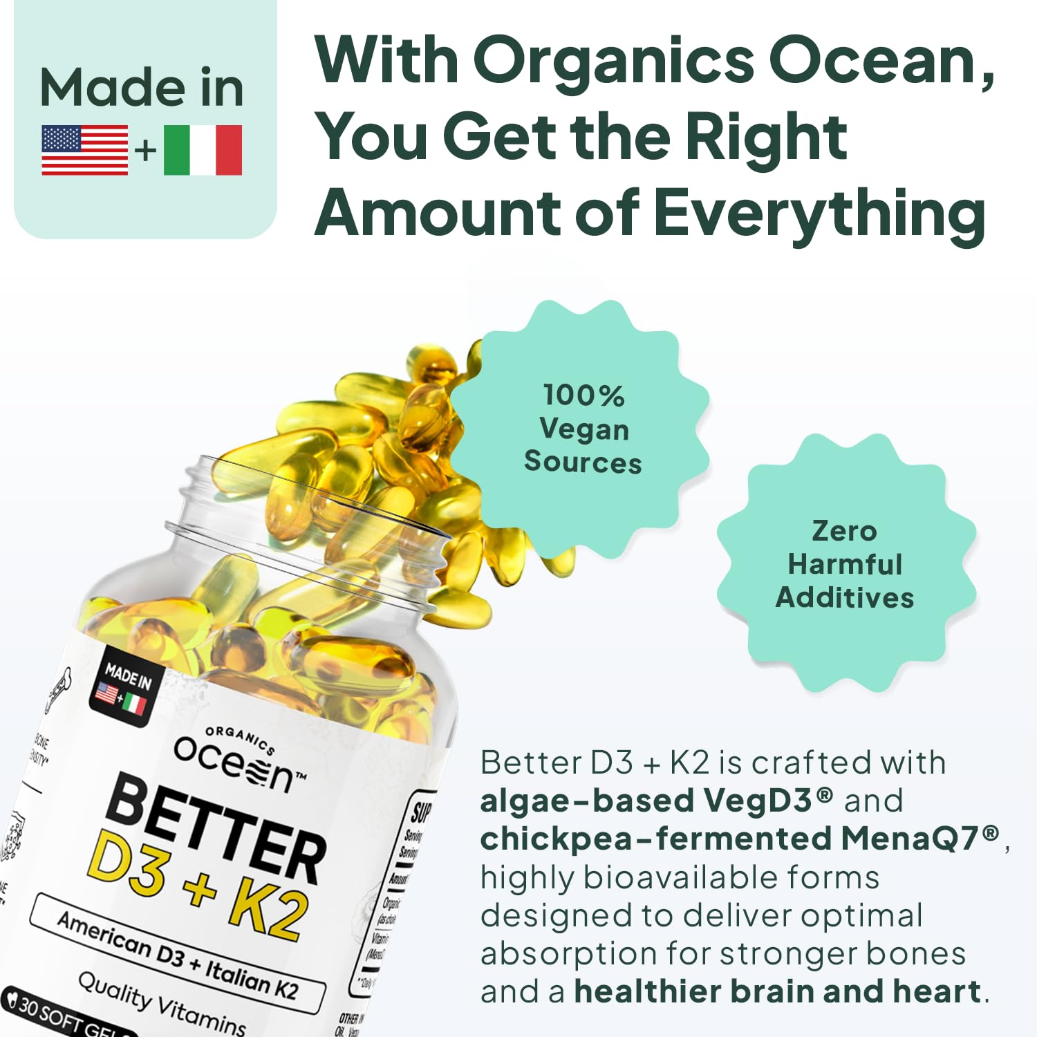 Organics Ocean Better D3 and K2 plant based softgels with organic coconut oil ingredient details