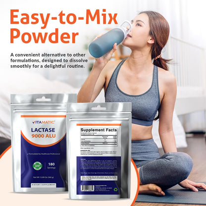 Vitamatic Lactase Enzyme Powder back label demonstrating daily usage directions and serving size details.