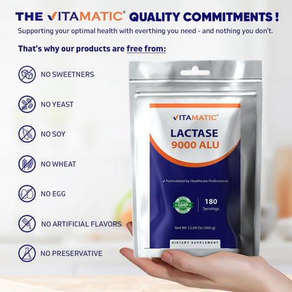 Vitamatic Lactase Enzyme Powder standing upright next to a fresh glass of milk representing lactose digestion support.
