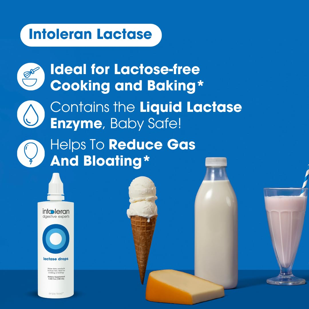 Low FODMAP certified vegan lactase drops by Intoleran for dairy digestion