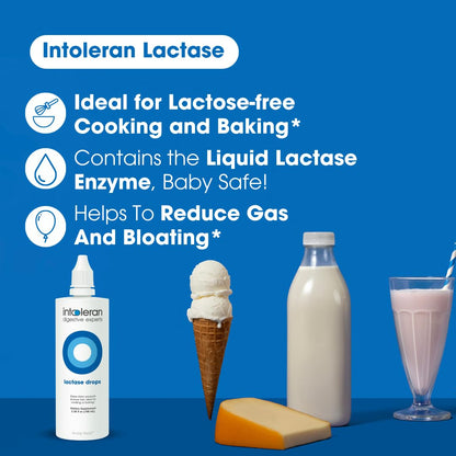 Low FODMAP certified vegan lactase drops by Intoleran for dairy digestion
