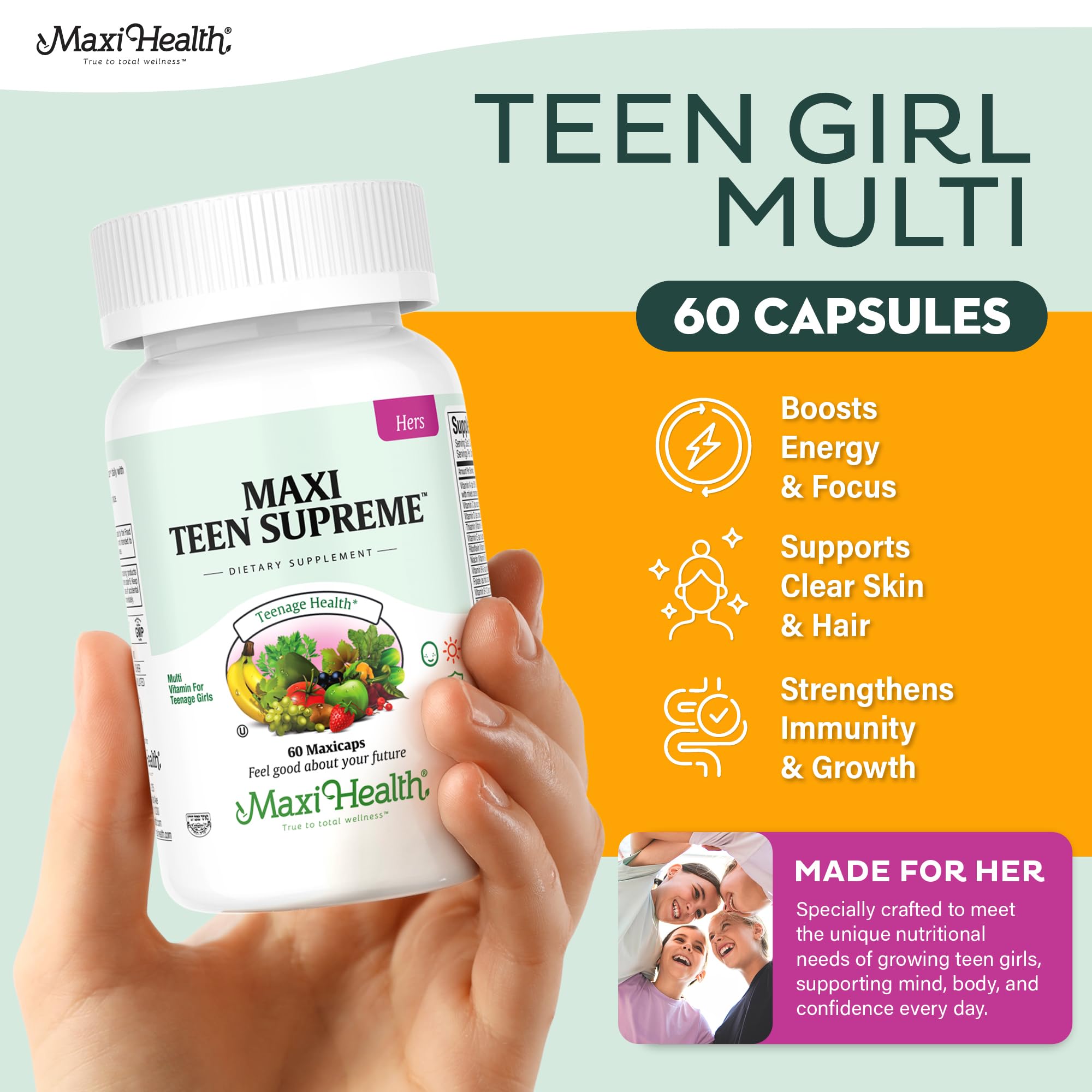 Maxi Health Teen Supreme Hers supplement nutrition facts label showing 32 essential nutrients