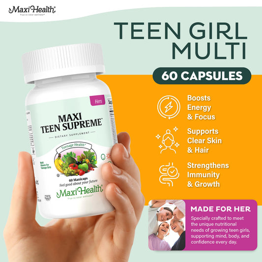 Maxi Health Teen Supreme Hers supplement nutrition facts label showing 32 essential nutrients
