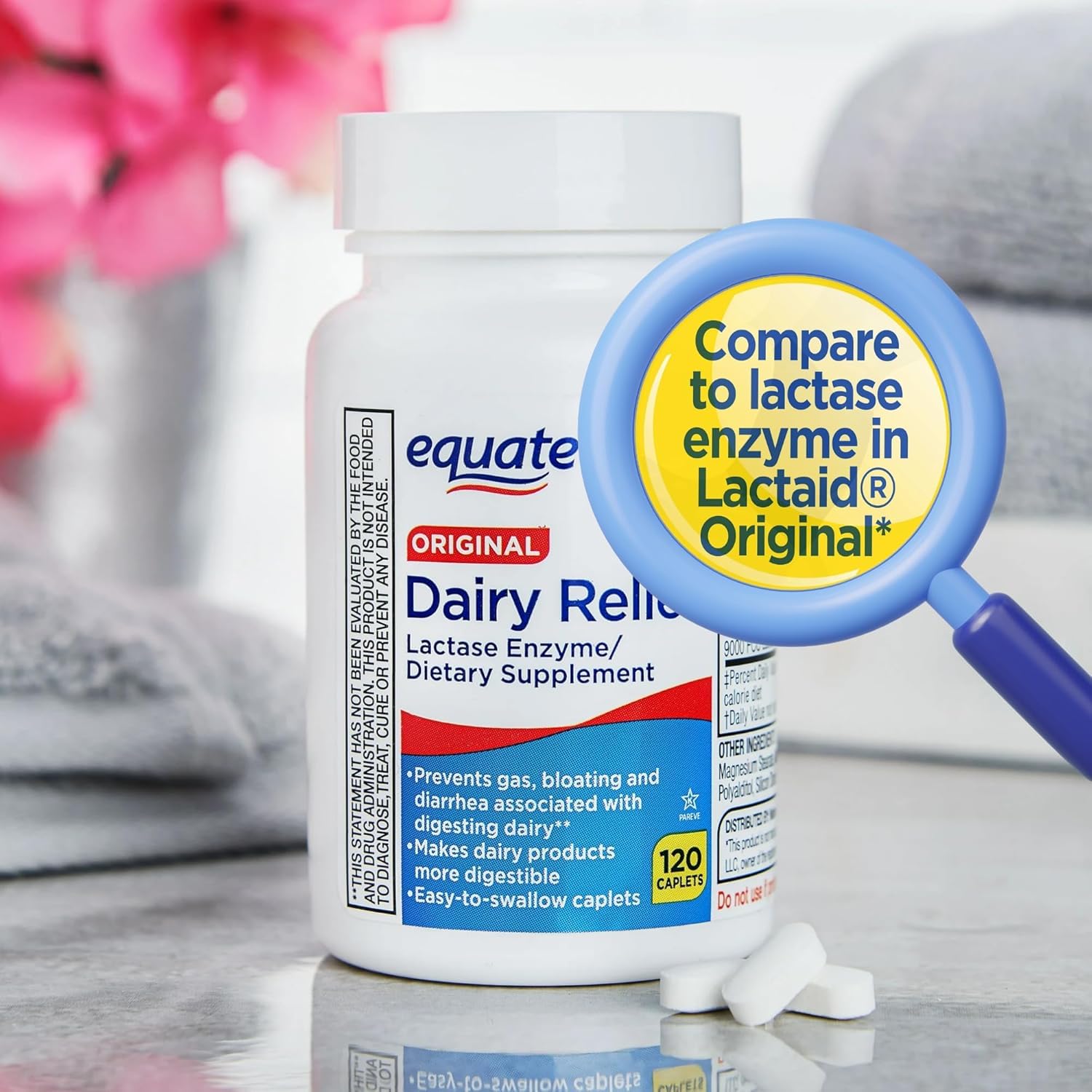 Equate Dairy Relief Lactase Enzyme bottle display with 9000 FCC units strength highlight.