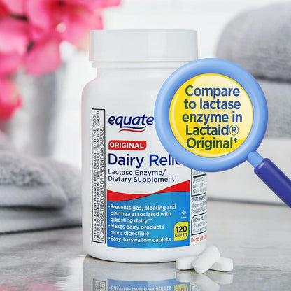 Equate Dairy Relief Lactase Enzyme bottle display with 9000 FCC units strength highlight.