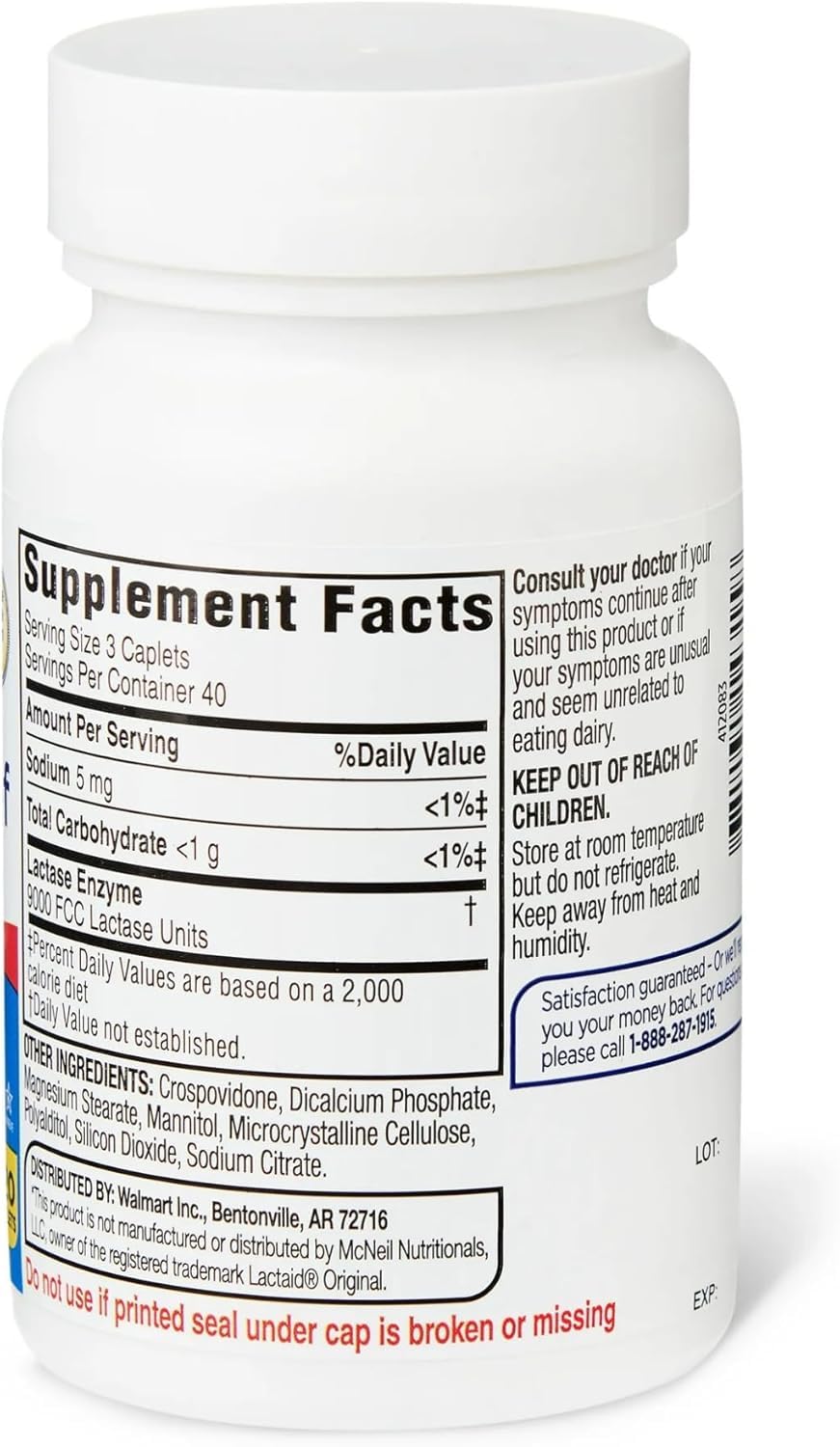 Back label of Equate Dairy Relief 120 Caplets showing directions and supplement facts.