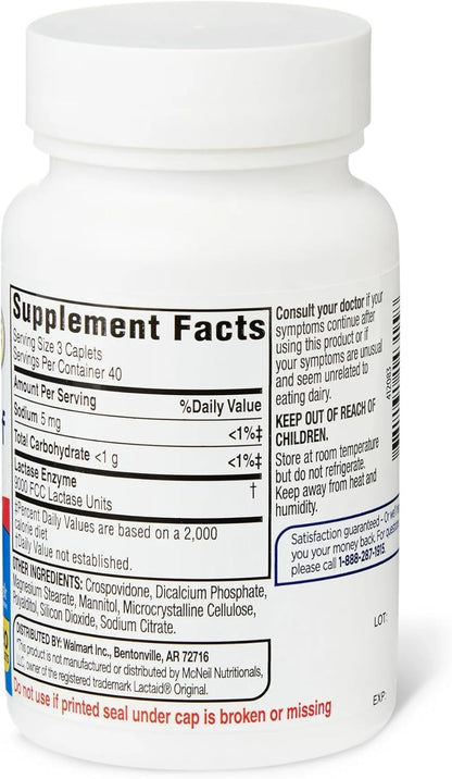 Back label of Equate Dairy Relief 120 Caplets showing directions and supplement facts.