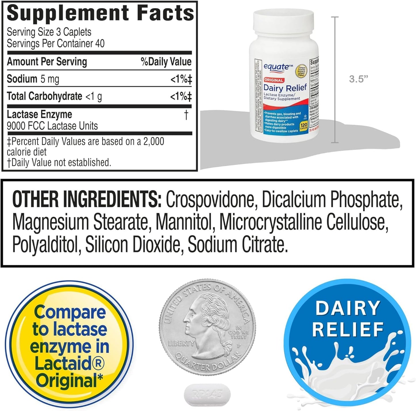 Close up of easy to swallow caplets from the Equate Dairy Relief dietary supplement line.