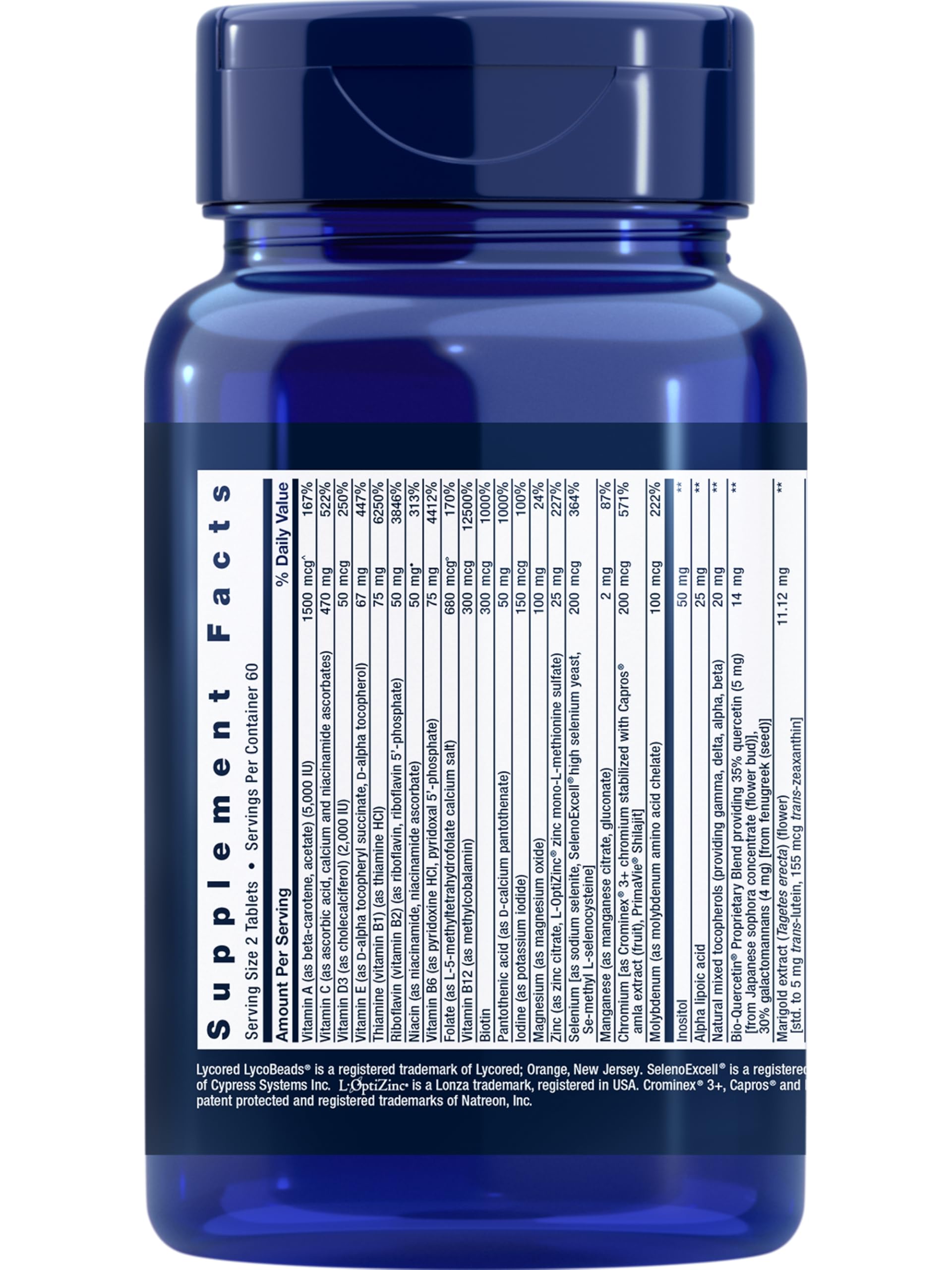 Life Extension high potency daily multivitamin tablets nutritional supplement ingredients label
