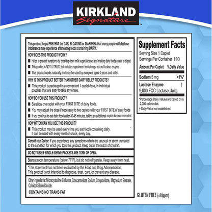 Kirkland Signature fast acting lactase enzyme supplement facts label and directions for use visual.