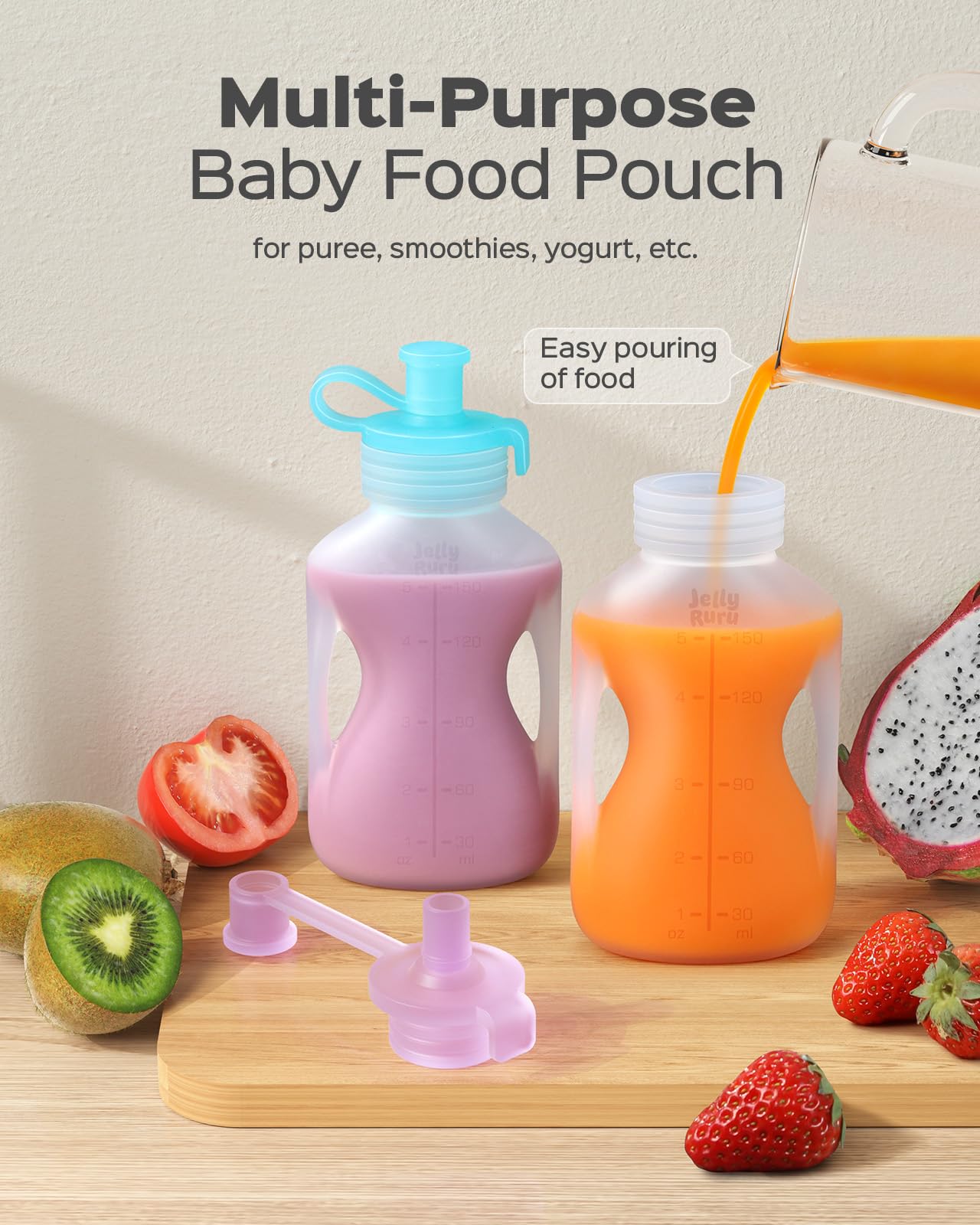 Side handles and straw on Jelly Ruru infant feeding pouch