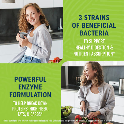 Premium gut health supplement with Lactobacillus probiotic strains and triple enzyme blend.