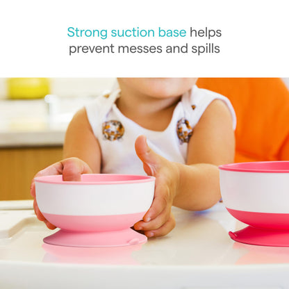 Three Munchkin suction bowls in pink and purple colors