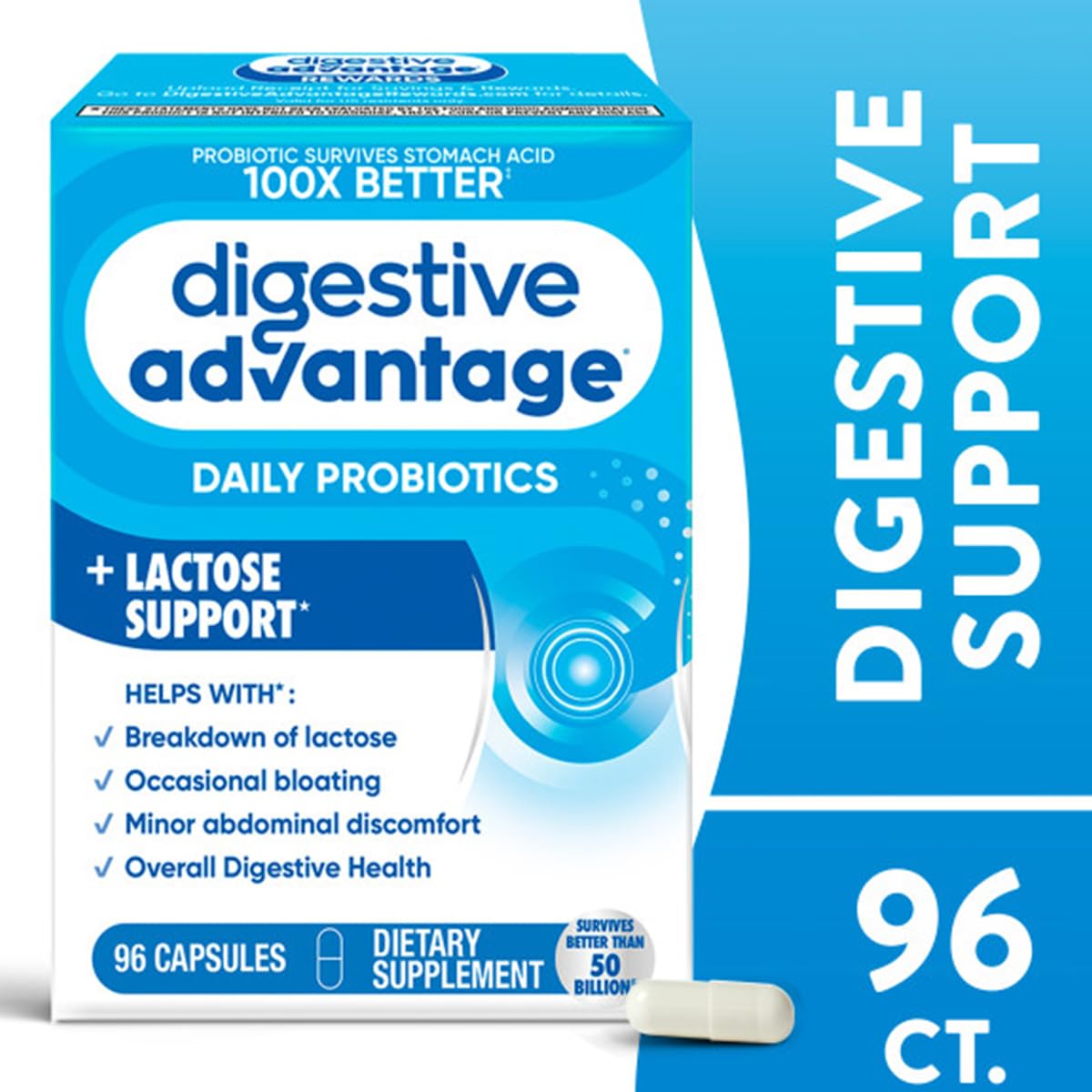 Digestive Advantage Daily Probiotics plus Lactase Enzymes packaging side view showing supplement facts