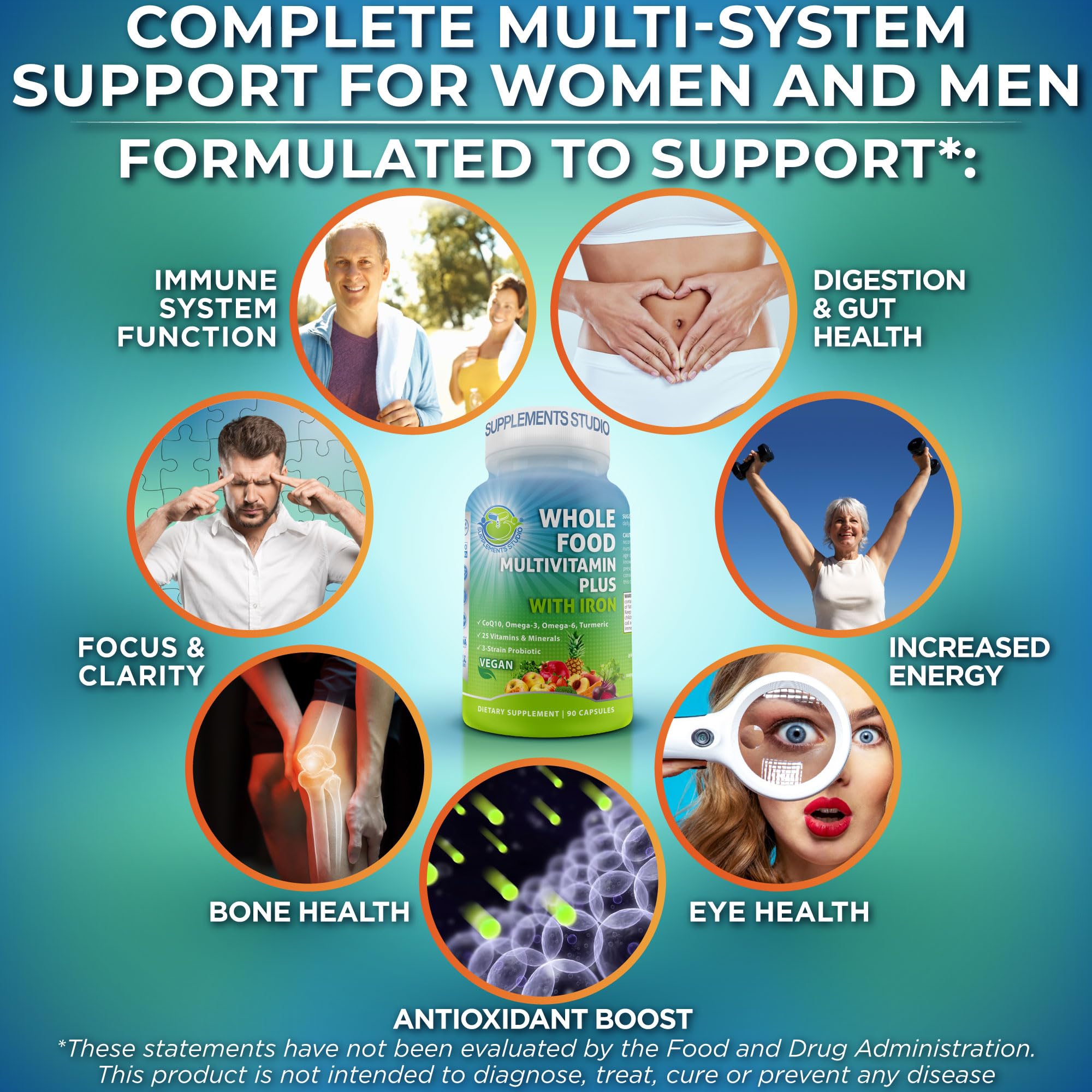 Plant based daily multivitamin capsules alongside organic whole foods fruits and vegetables
