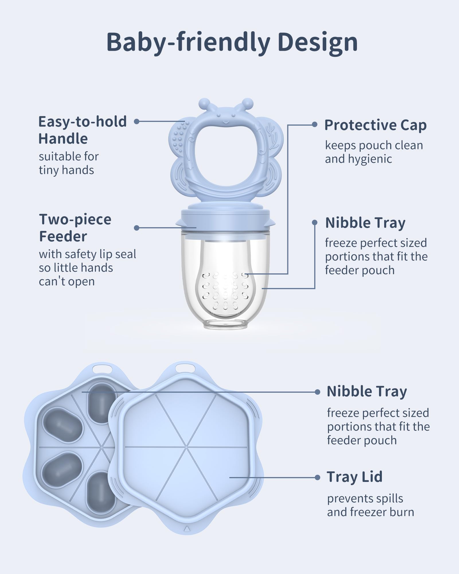 Easy clean baby food feeder and freezer tray set