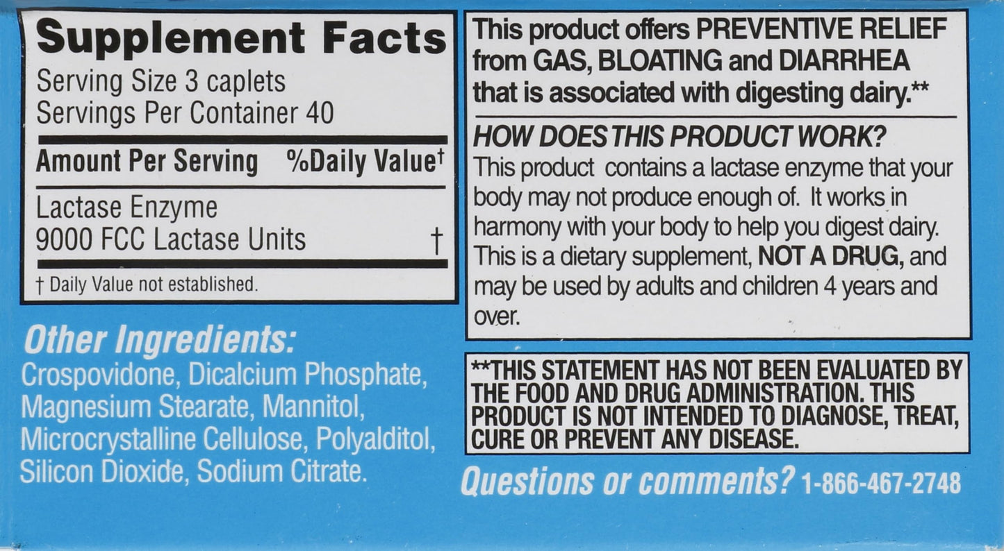 Side view of Rite Aid natural lactase enzyme digestive pills for milk sugar breakdown.