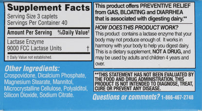 Side view of Rite Aid natural lactase enzyme digestive pills for milk sugar breakdown.