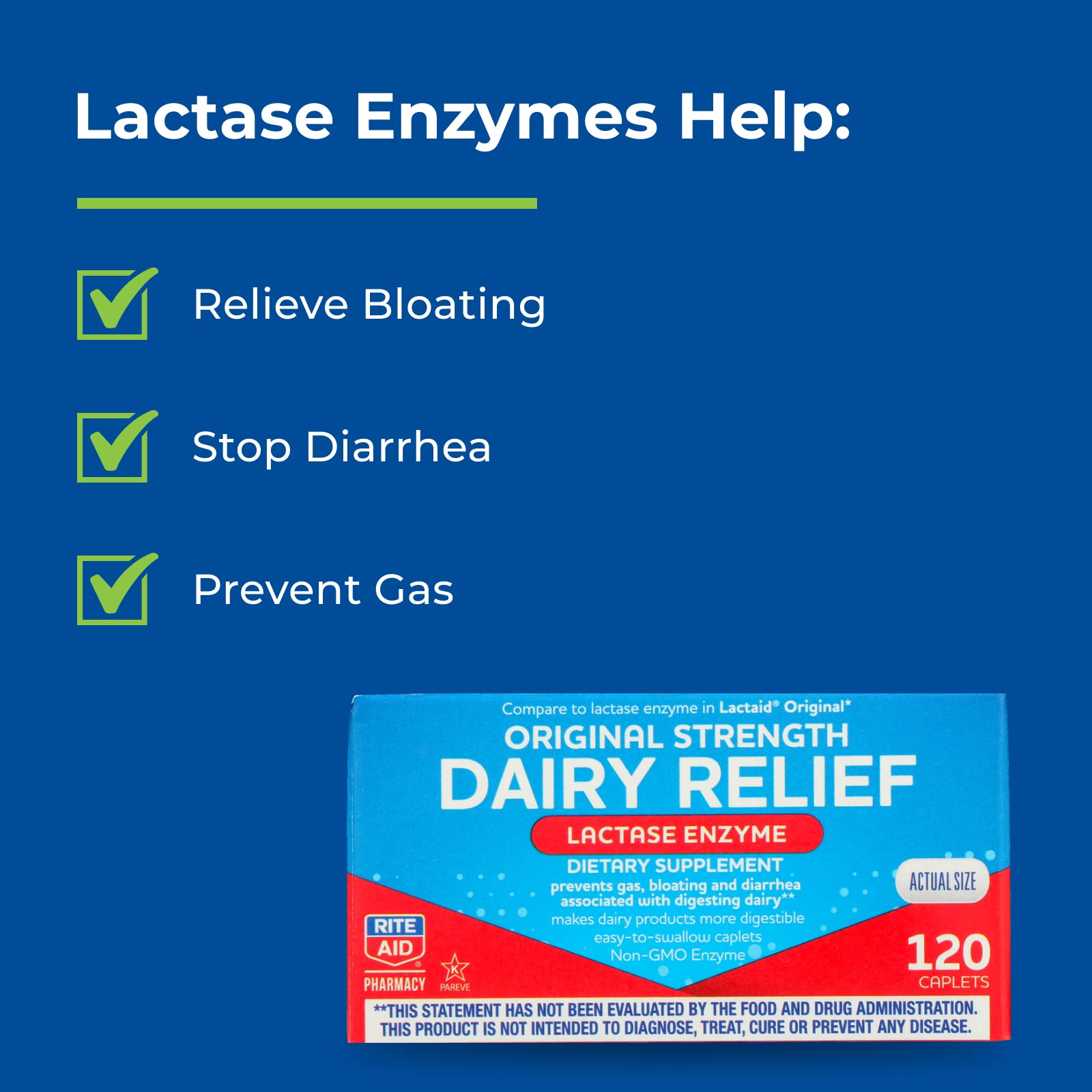USA imported Rite Aid dairy digestion relief caplets highlighting gluten free formula.