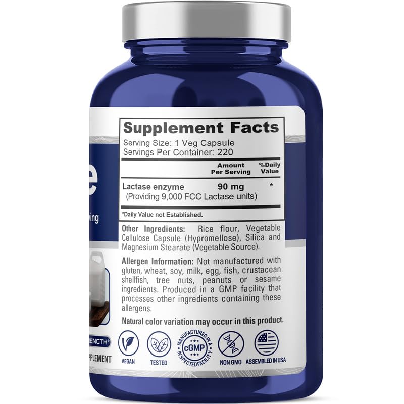 NusaPure Lactase Enzyme 9000 FCC supplement facts panel displaying ingredients and 90 milligram dosage instructions.