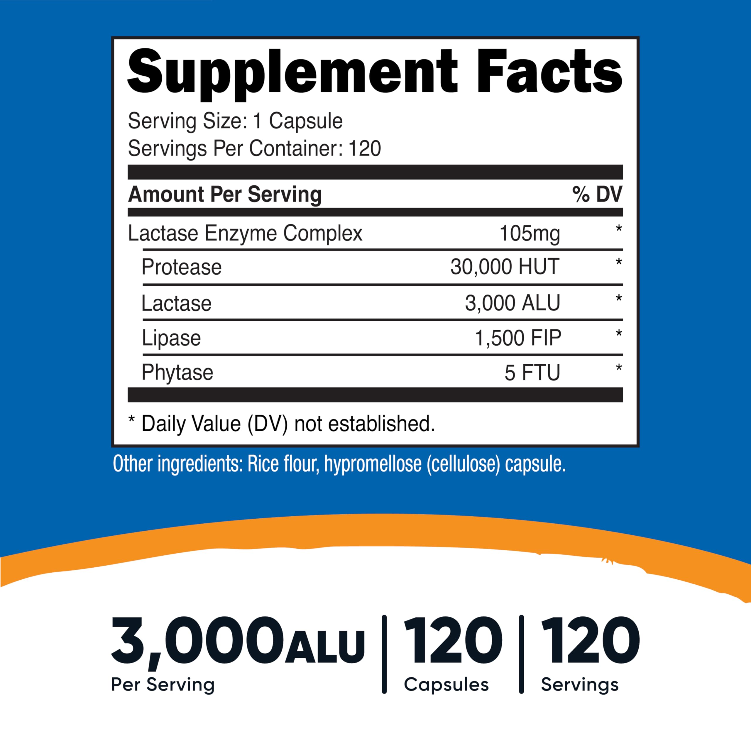 Nutricost Lactase Enzyme Complex 360 capsules packaging displaying the non GMO and gluten free certifications.