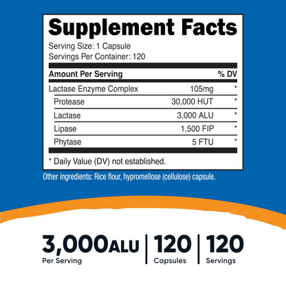 Nutricost Lactase Enzyme Complex 360 capsules packaging displaying the non GMO and gluten free certifications.