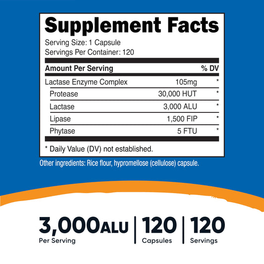 Nutricost Lactase Enzyme Complex 360 capsules packaging displaying the non GMO and gluten free certifications.