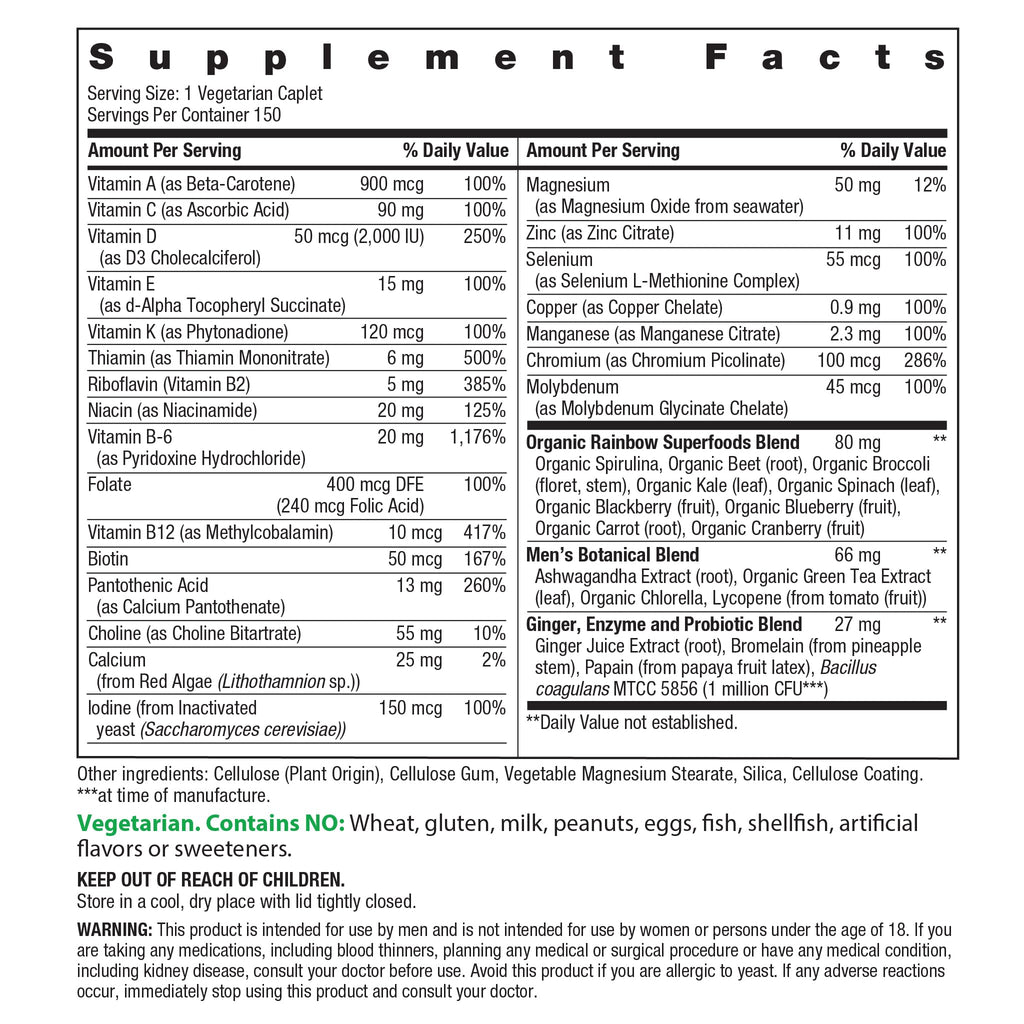 Rainbow Light Men's One daily high potency multivitamin packaging back label