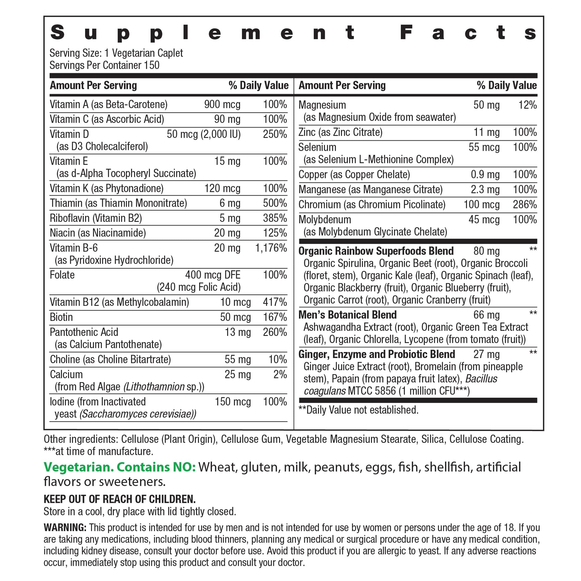 Rainbow Light Men's One daily high potency multivitamin packaging back label