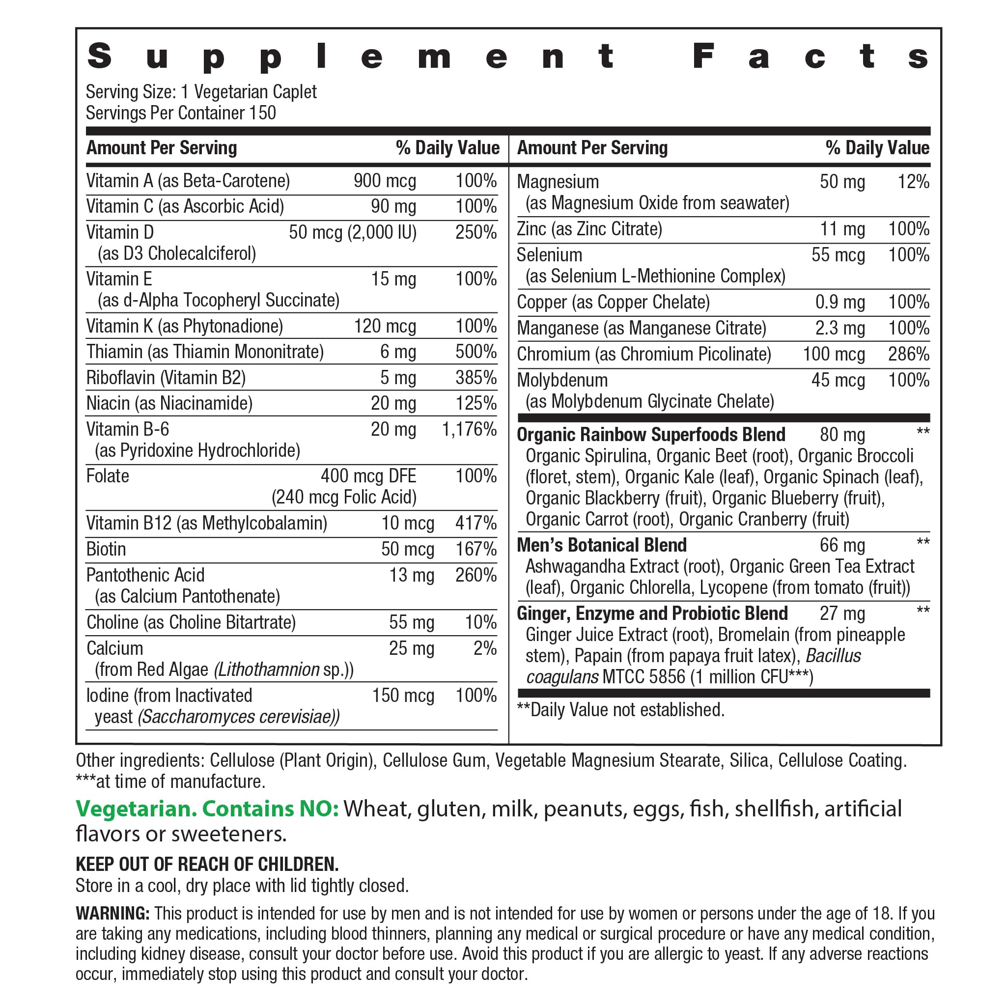 Rainbow Light Men's One daily high potency multivitamin packaging back label