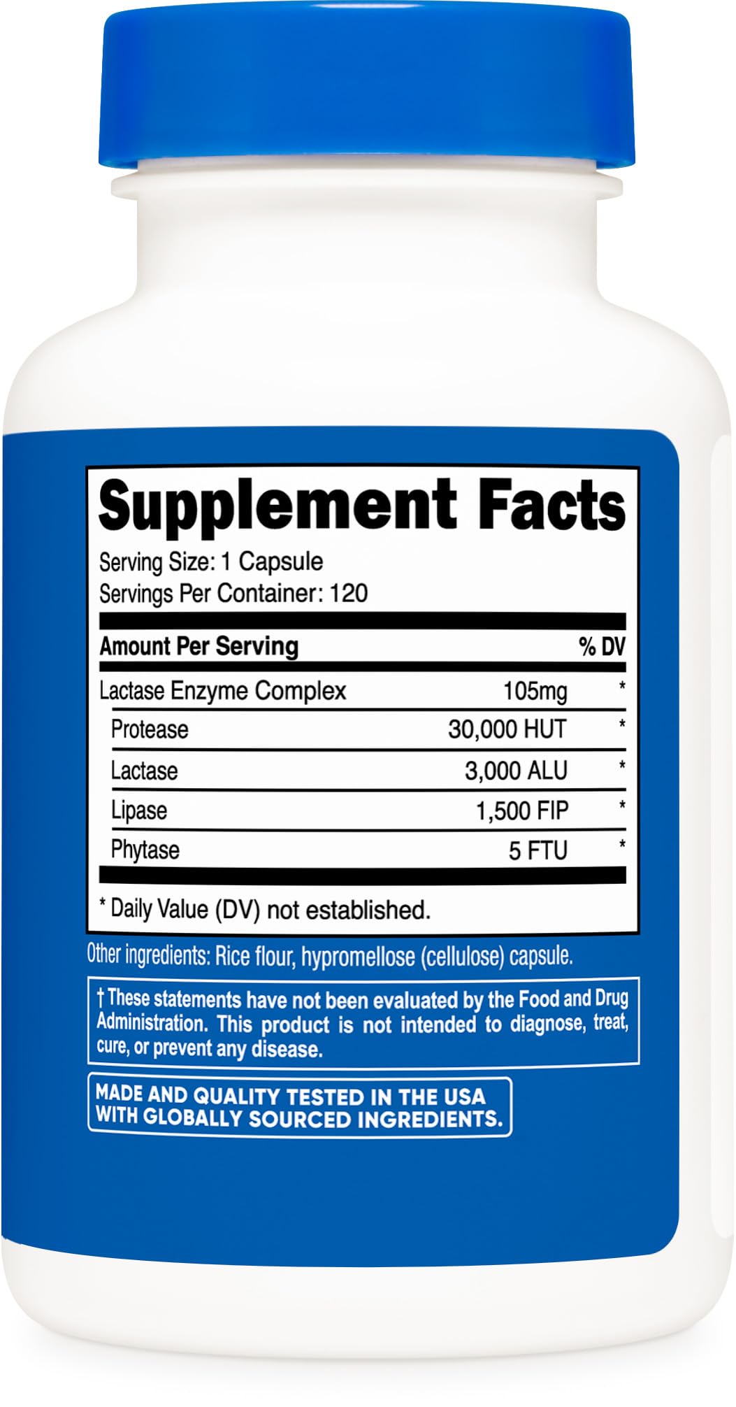 Close up view of the 3000 FCC ALU potency description on the three pack Nutricost Lactase Enzyme bottles.