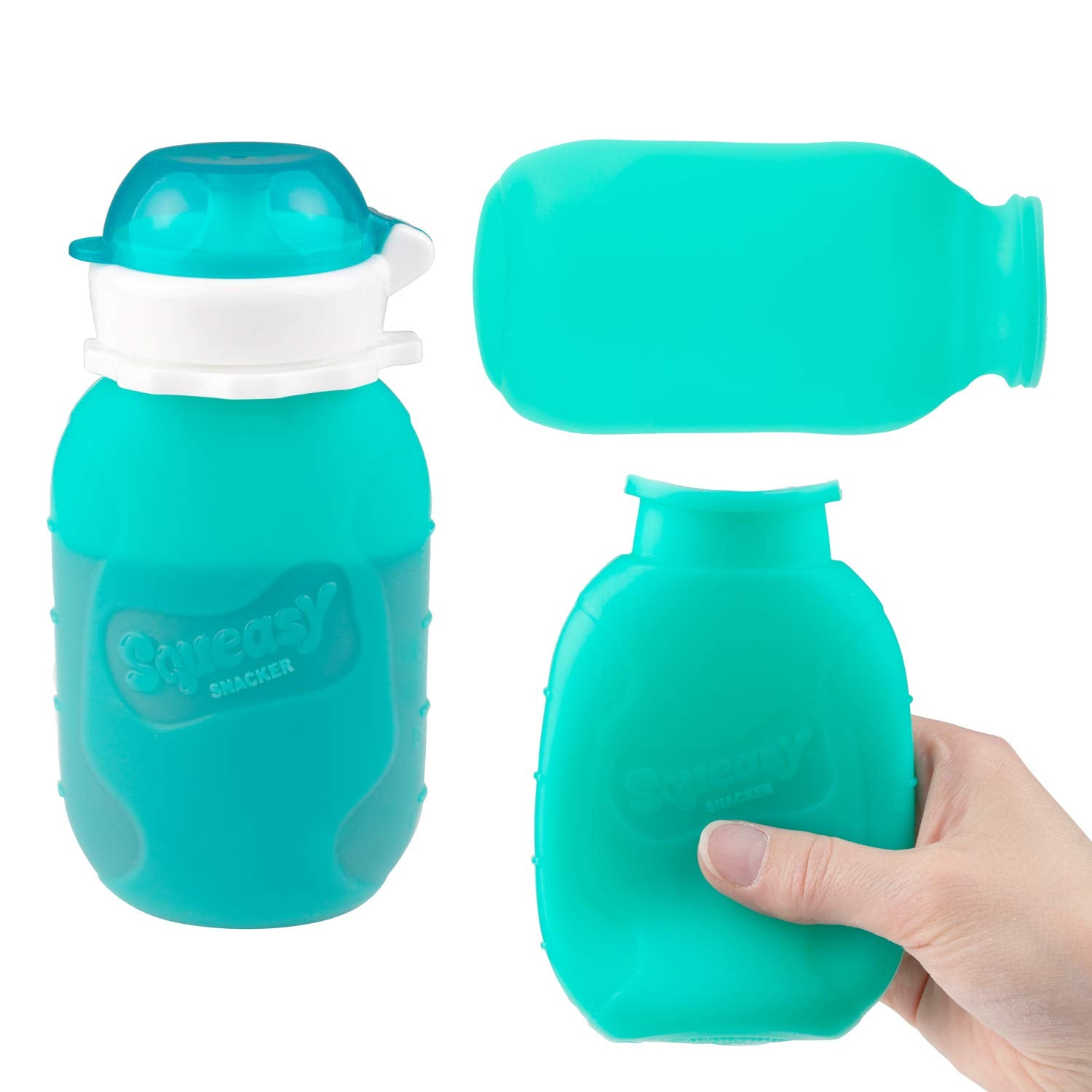 Squeasy Snacker 6 ounce silicone pouch with cap removed