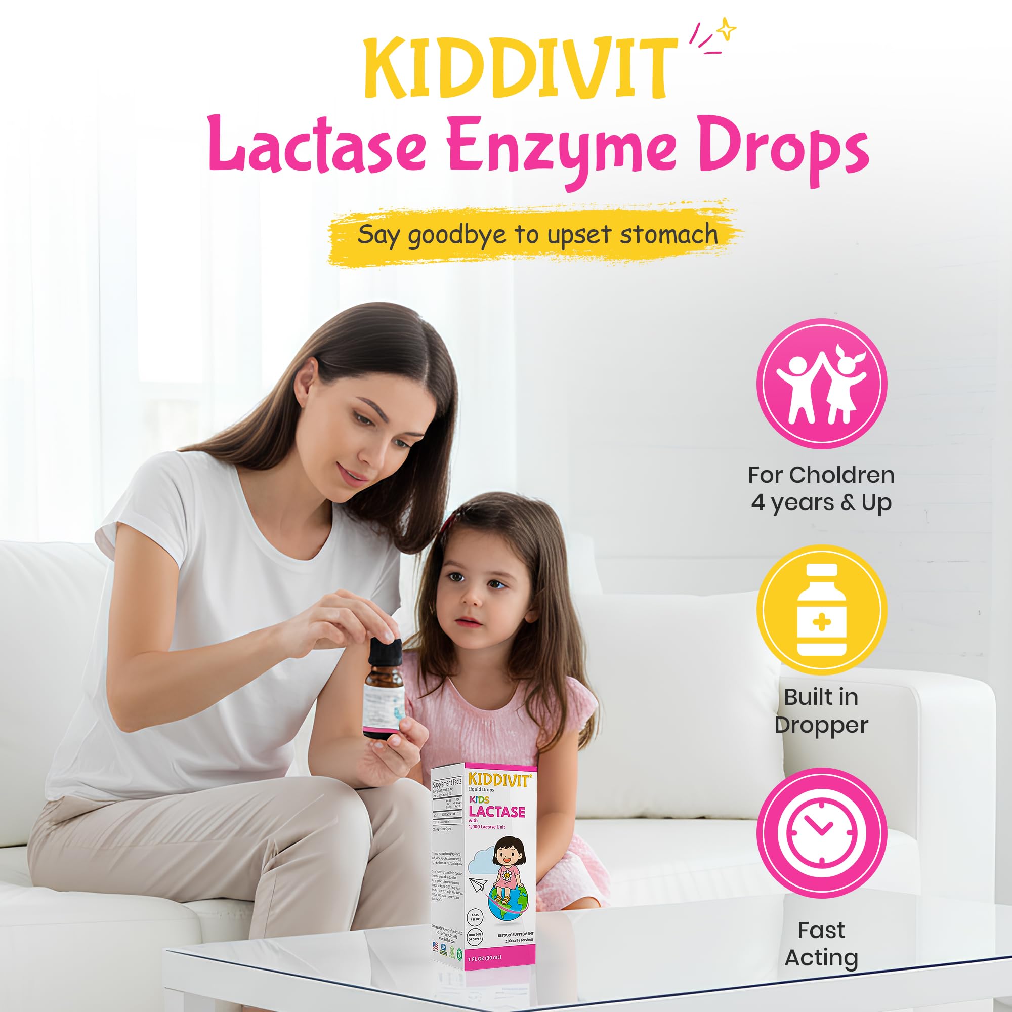 Close up view of the Kiddivit Baby Lactase liquid enzyme supplement bottle highlighting the one thousand units concentration text.