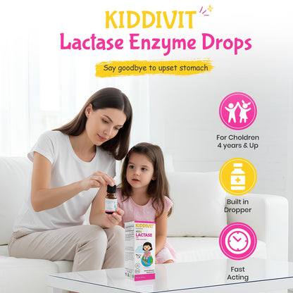 Close up view of the Kiddivit Baby Lactase liquid enzyme supplement bottle highlighting the one thousand units concentration text.