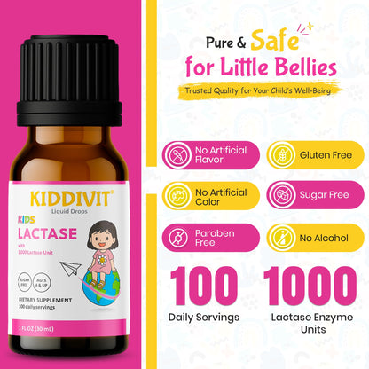 Side view of Kiddivit Kids Lactase drops showing the sugar free and gluten free dietary certifications on the product label.