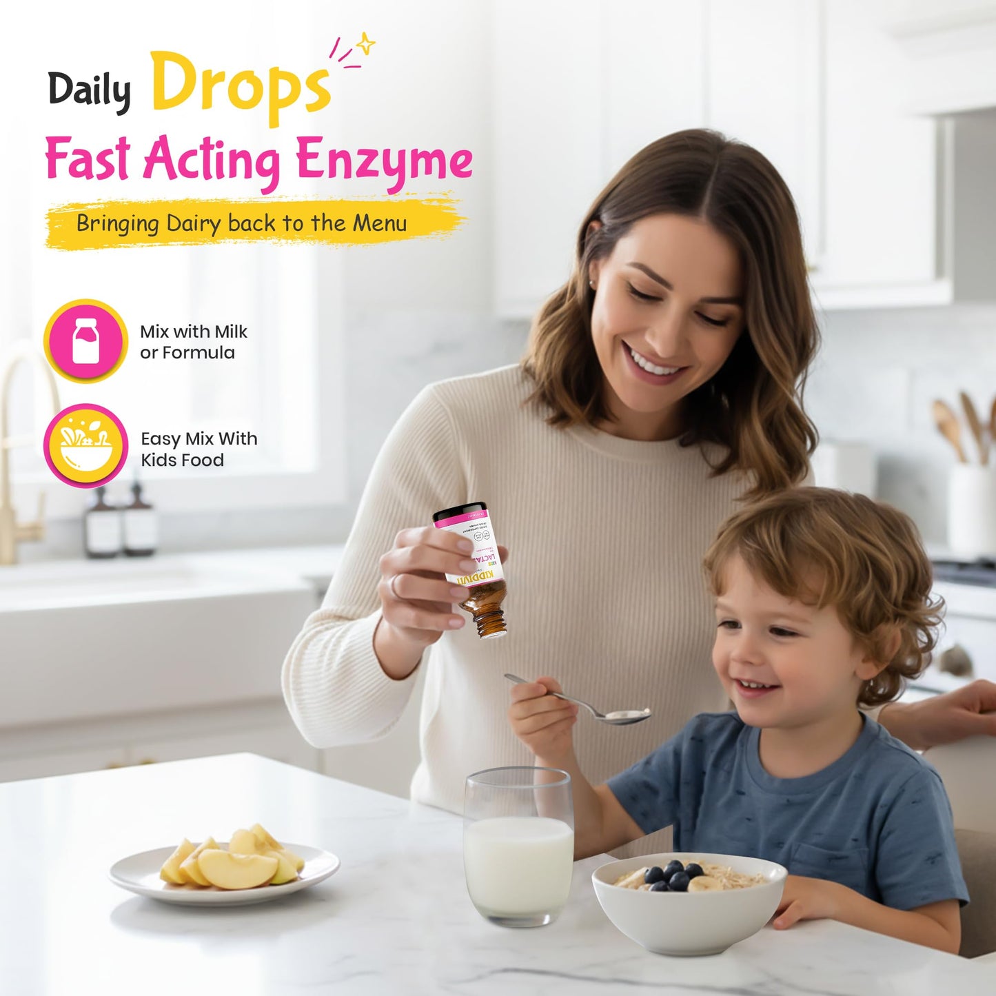The built in dropper assembly of the Kiddivit liquid lactase bottle demonstrating safe and accurate serving delivery for infants.