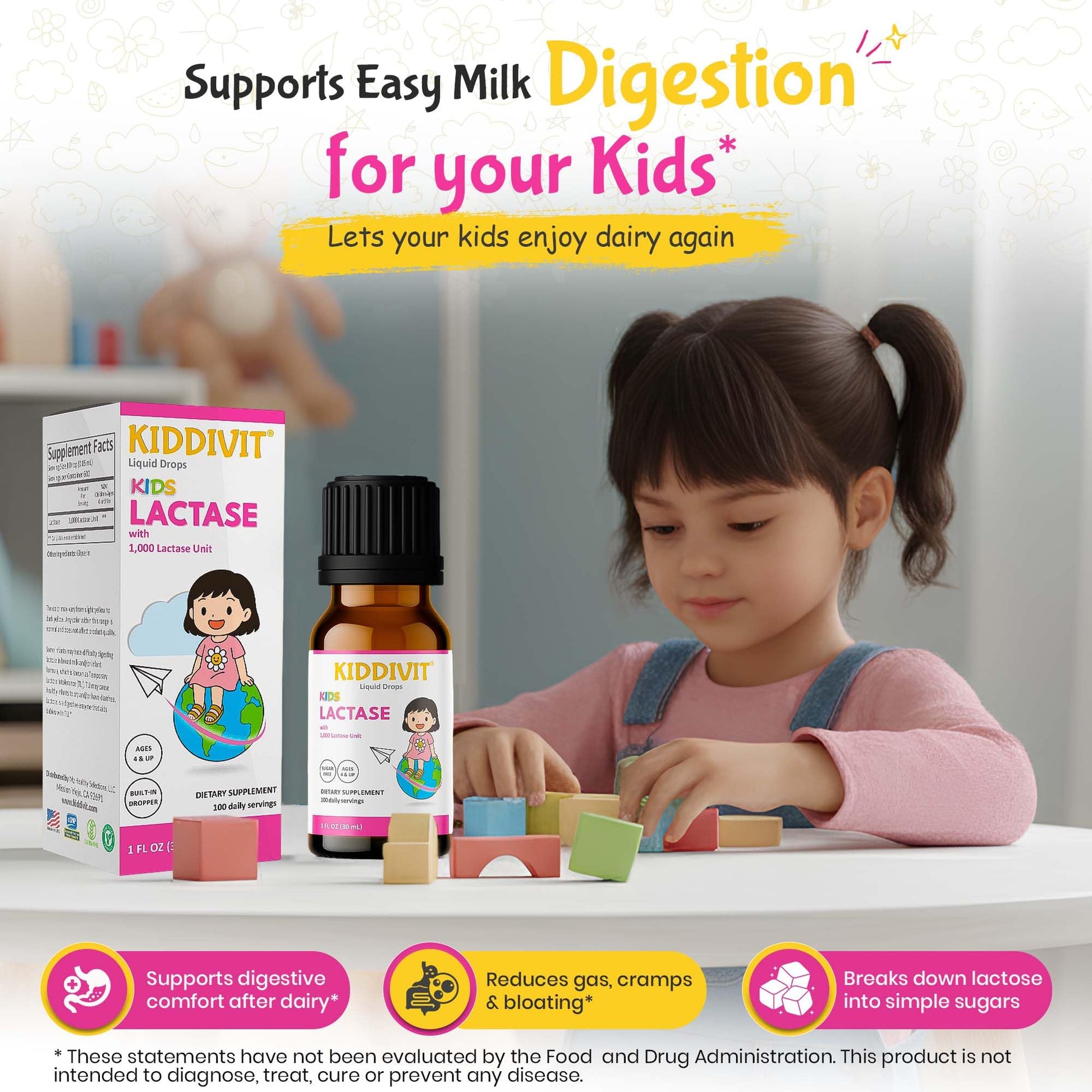Authentic USA imported Kiddivit Lactase Kids Drops display showcasing the premium quality amber glass bottle for enzyme protection.