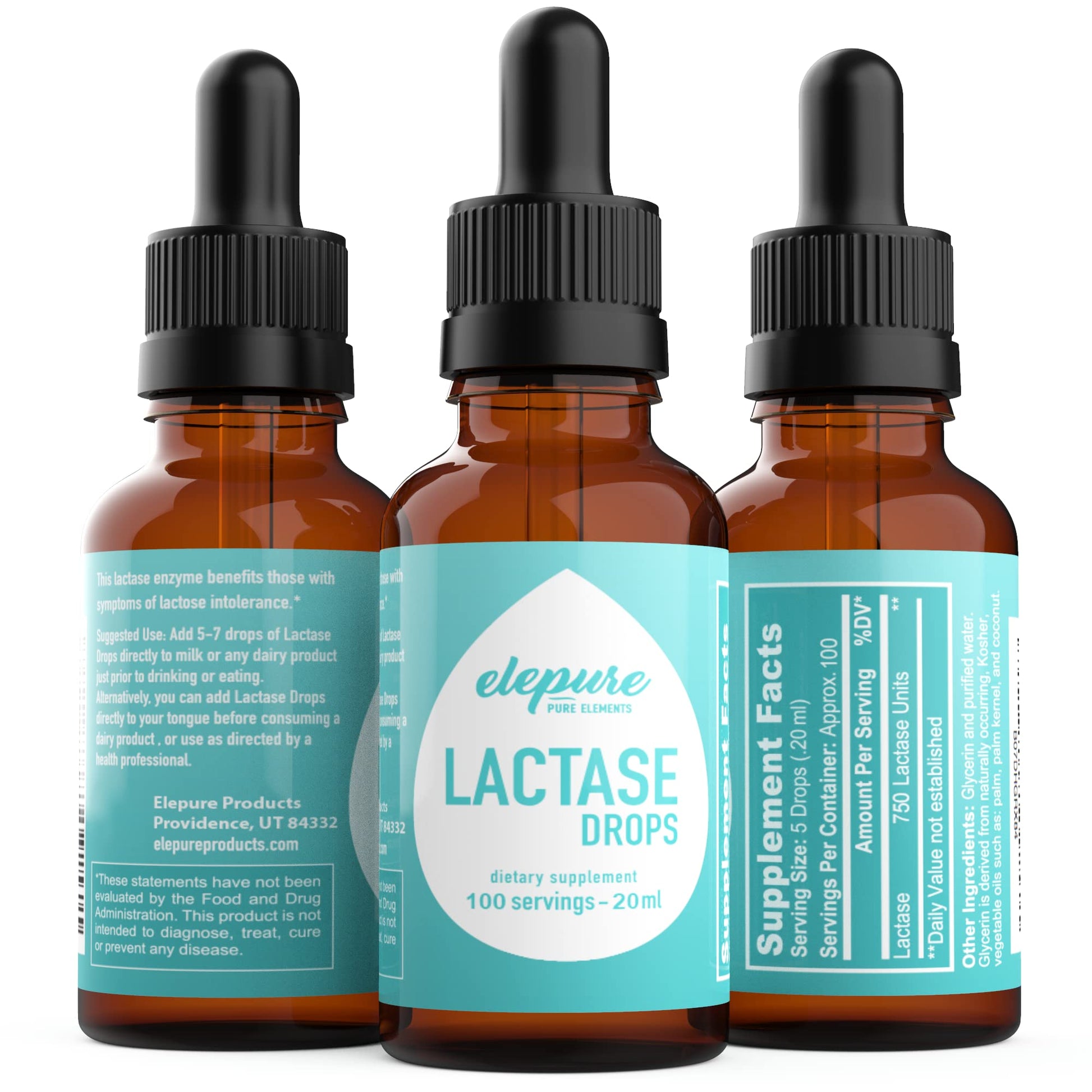 Close-up of the USA imported liquid lactase dropper bottle showing proper application for dairy digestion