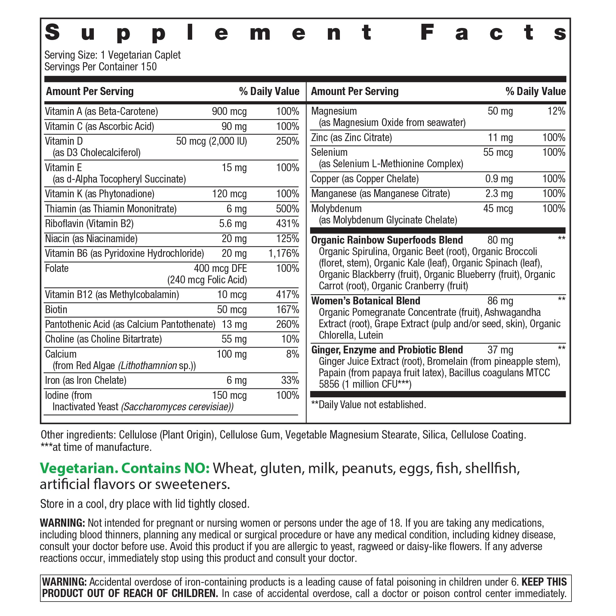 Rainbow Light high potency daily multivitamin for women nutritional information and supplement facts label