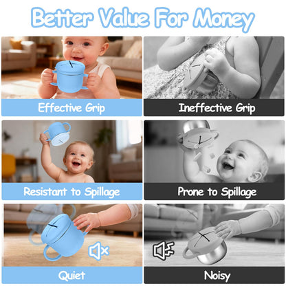 Toddler using Mity Rain stainless steel spill-proof snack cup