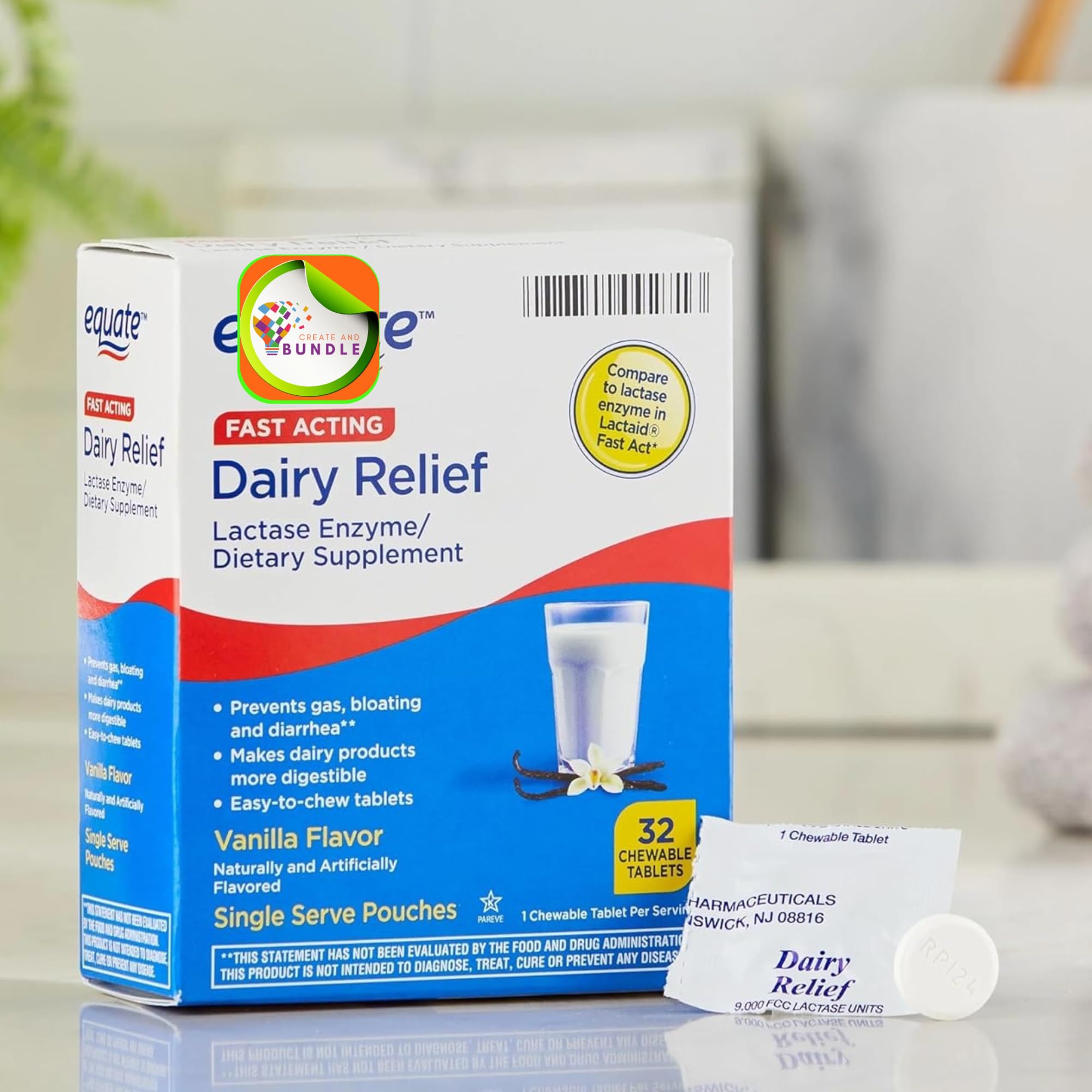 Equate dairy digestive supplement vanilla flavor chewable tablets box back showing supplement facts.