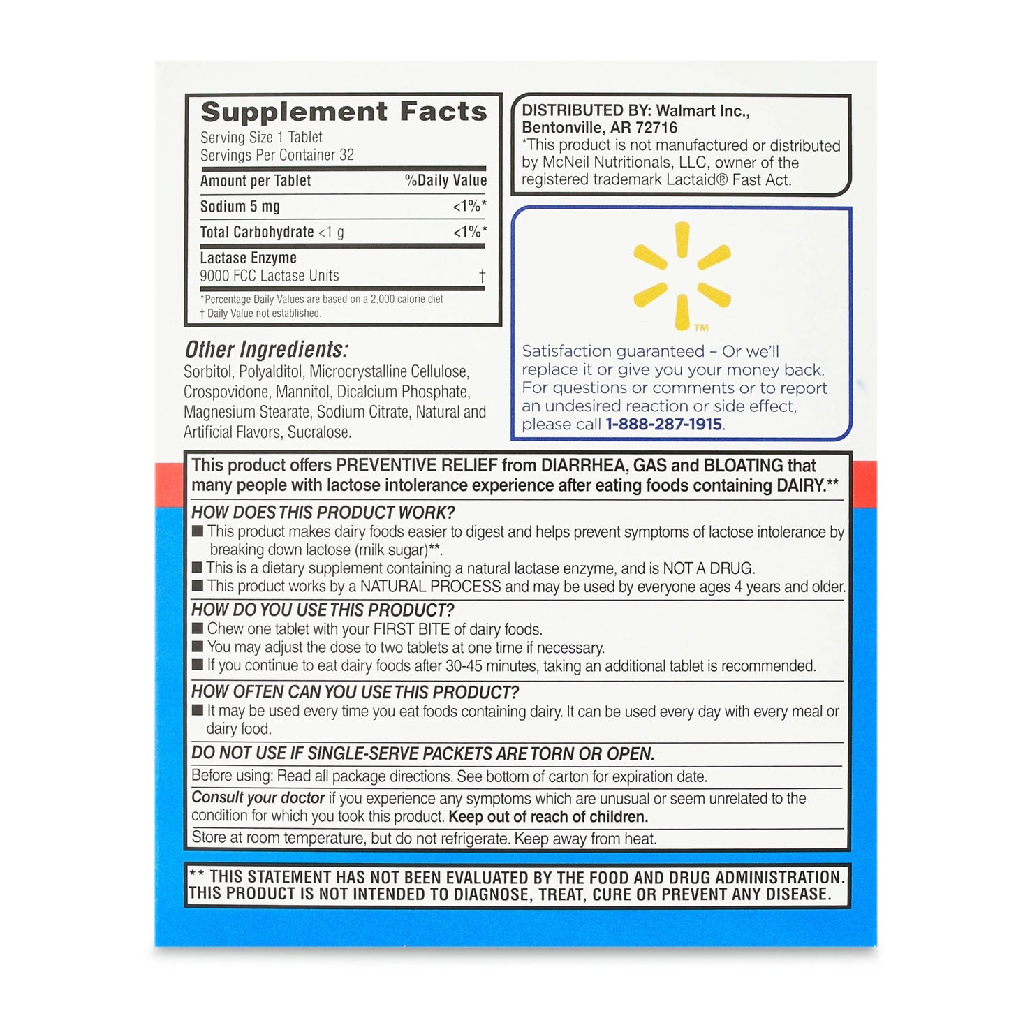 Equate imported USA dairy relief chewable lactase enzyme tablets detailed label illustration.