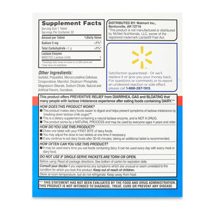 Equate imported USA dairy relief chewable lactase enzyme tablets detailed label illustration.