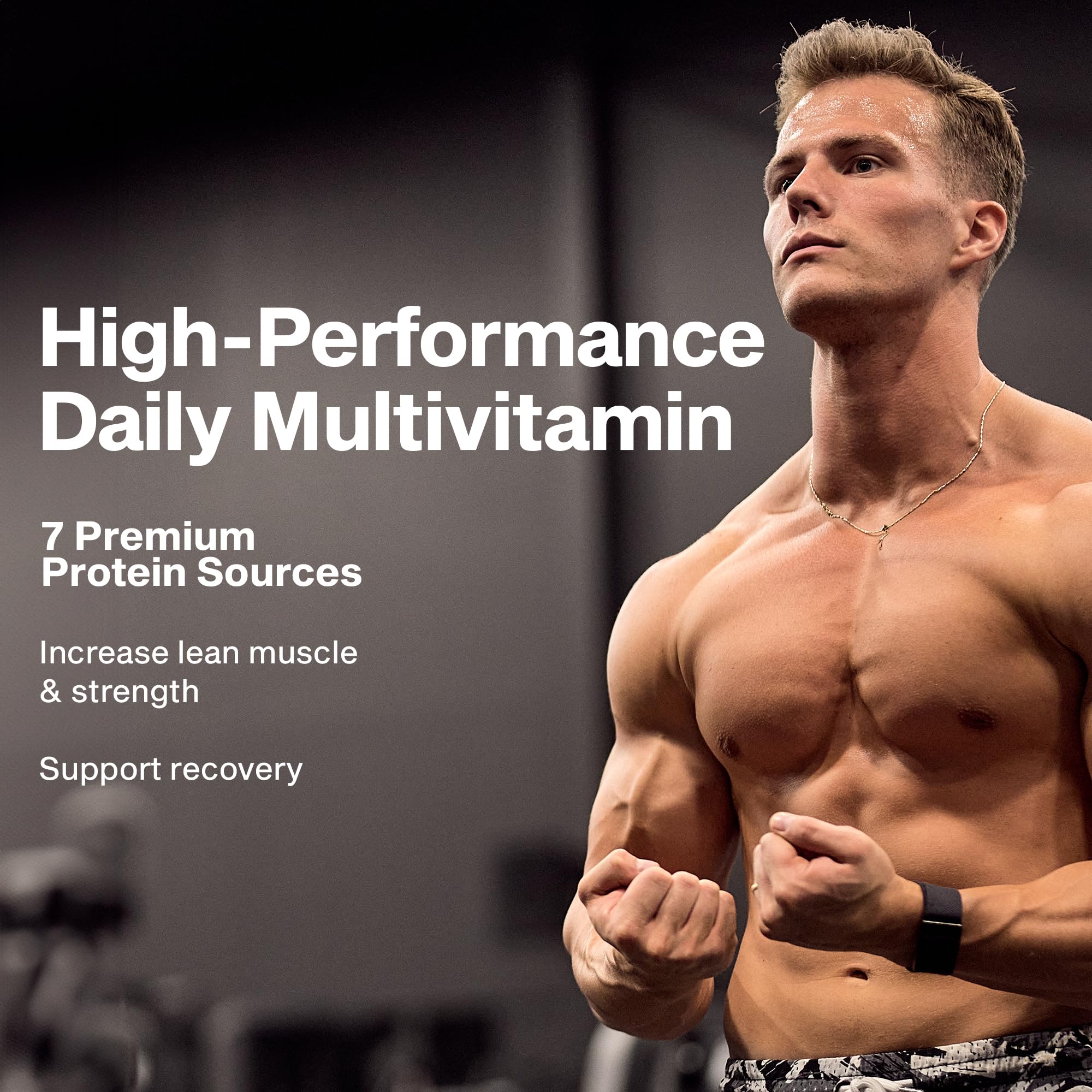 MuscleTech premium daily multivitamin container displaying eighteen vitamins and minerals list