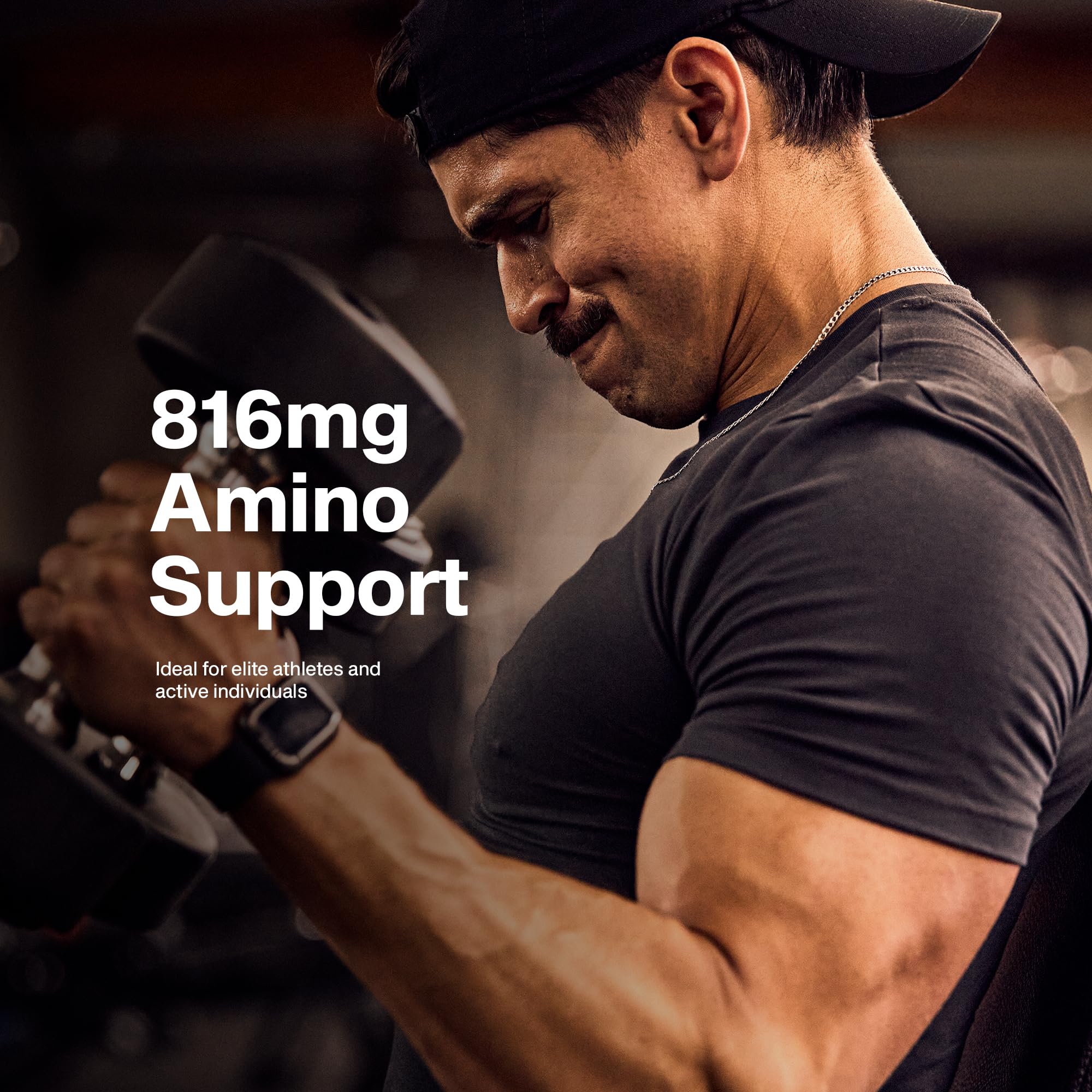 Close up view of nutritional supplement packaging detailing the amino support matrix