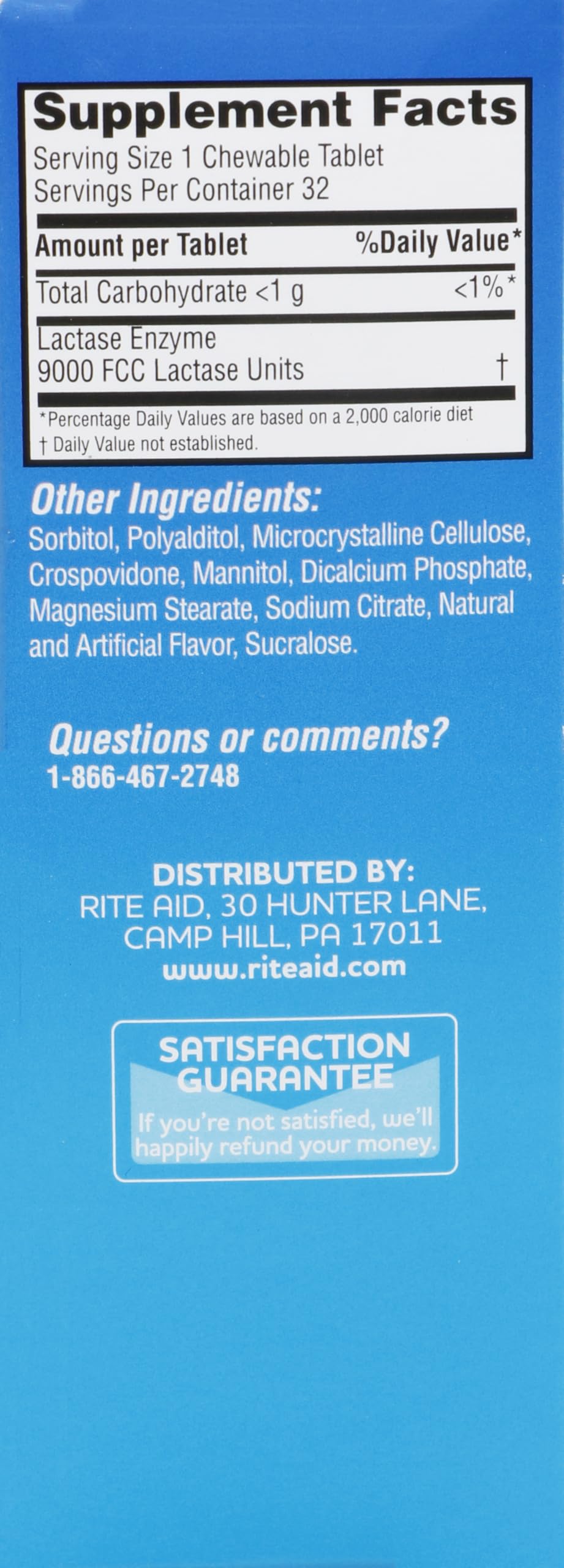 Side panel of Rite Aid dairy relief pills detailing natural lactase enzyme ingredients